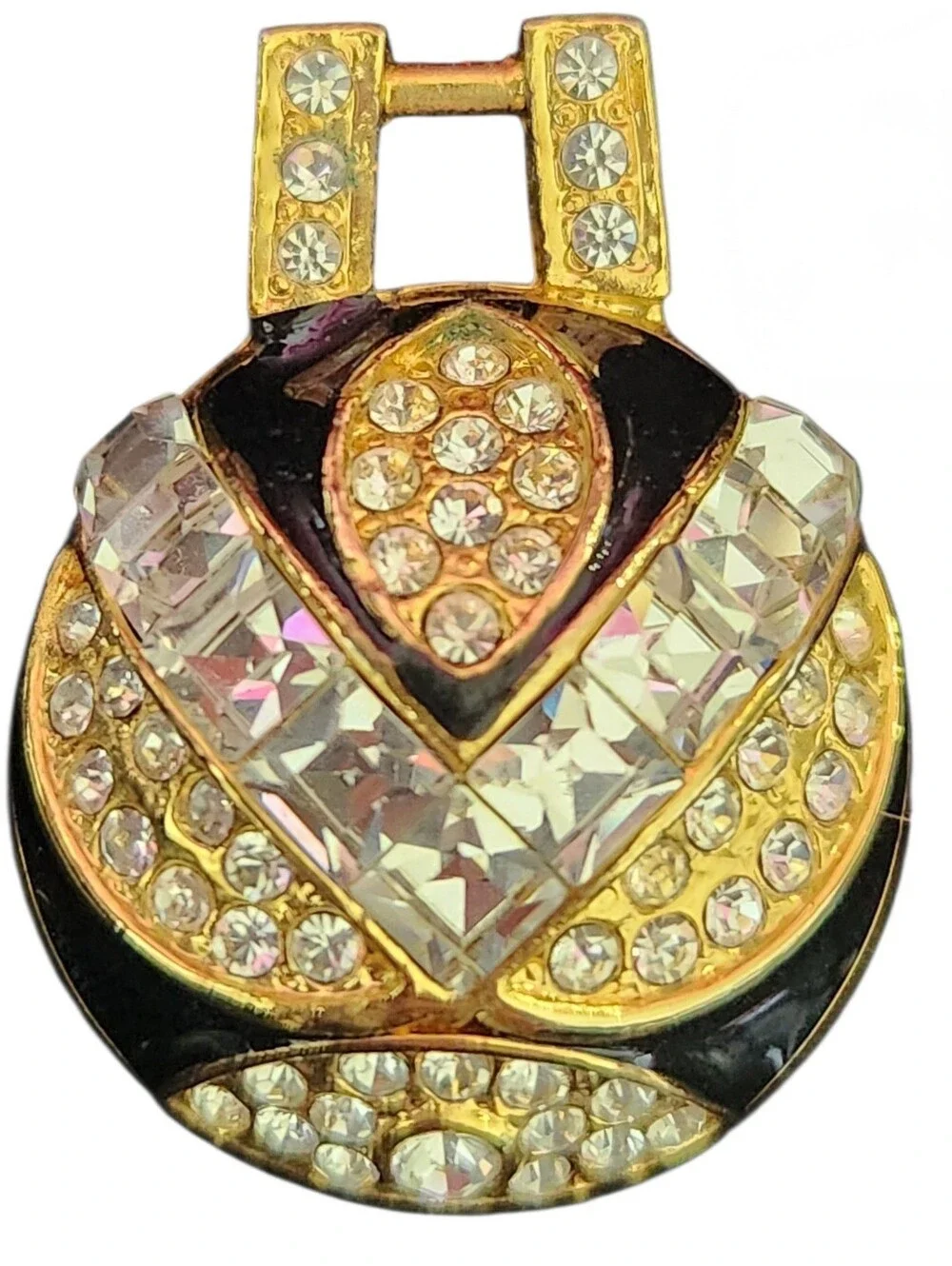 Vintage Crystal Orb Pendant Statement Gold Tone Black Enamel Half-Dome ✨️‎